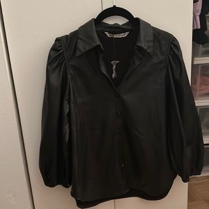 Zara Black Faux Leather Puffy Sleeve Button Up